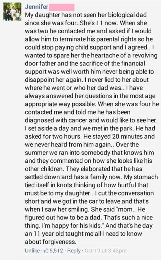 woman facebook status about daughter dad 
