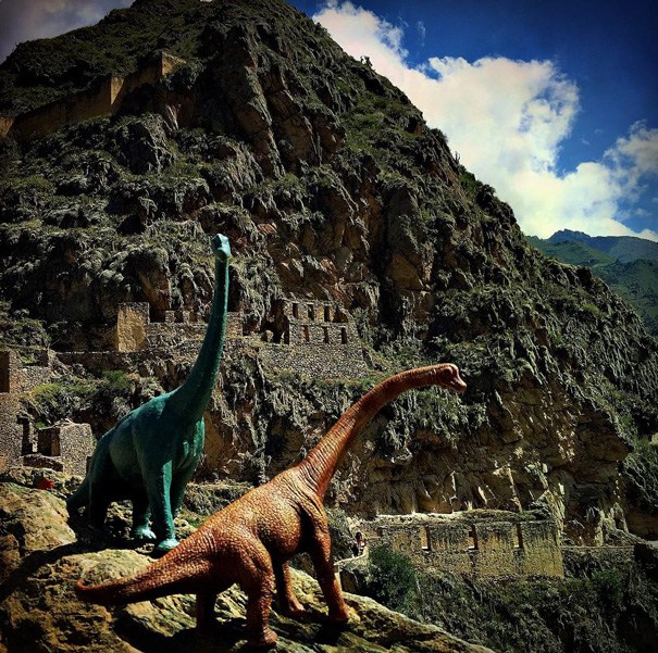 travel photos with dinosaur toys 